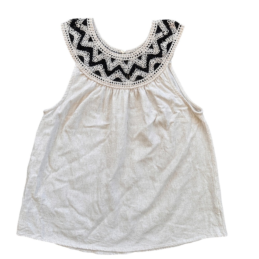 Hazel Crochet Yoke Tank Top Womens Large Cream Black Linen Blend Boho H16823 EX
